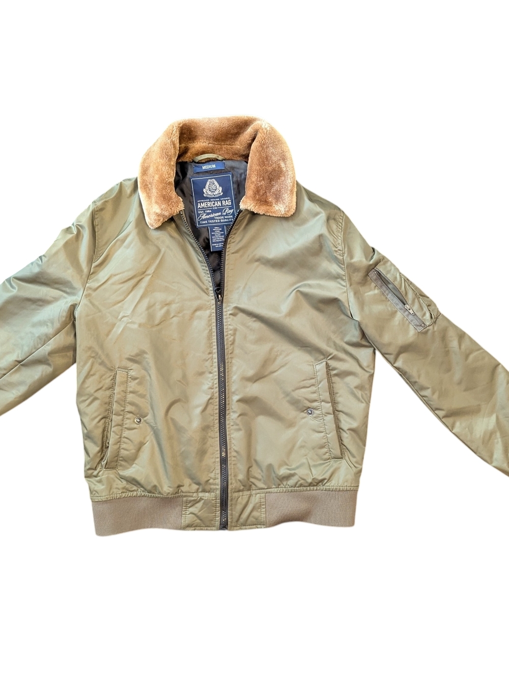 American Rag Olive Bomber Jacket Men’s Size M Faux Fur Collar Zip Up